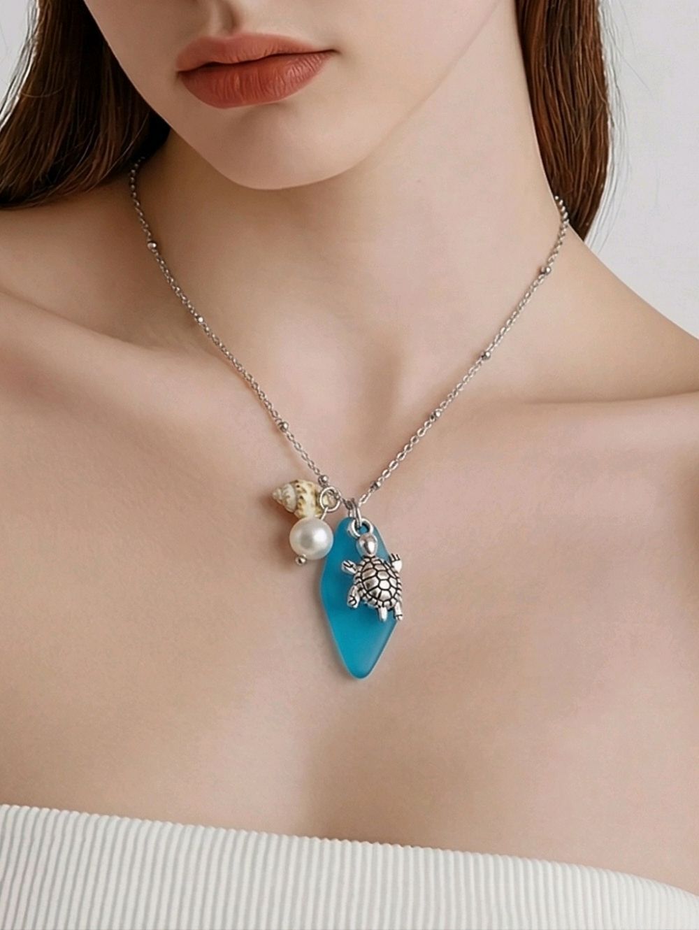 Blue Sea Glass Turtle Necklace Coastal Beaded Chain Pearl Shell Ocean Girl Charm